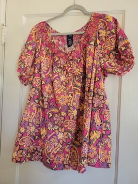 Women's Basic Edition orange and Bright Pink Floral Peasant Top Plus size 3x
